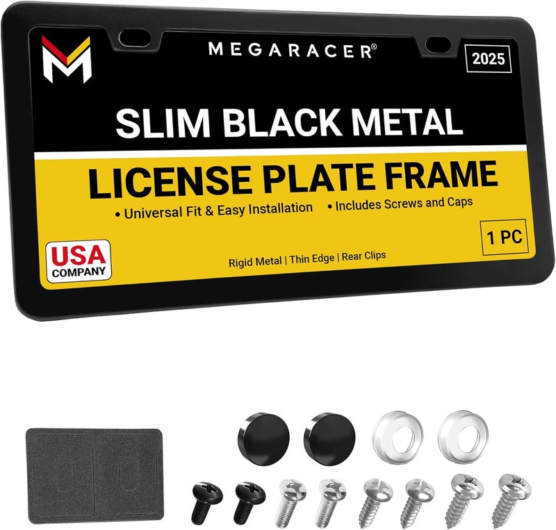 Mega Racer Premium Slim Matte Black License Plate Frame – 1 Piece, Rust-Free Stainless Steel & Rattle-Free, Street Legal, Universal with Screw Caps, Thin Edged Metal Front or Rear Car Tag Holder for Men & Women - Image 1